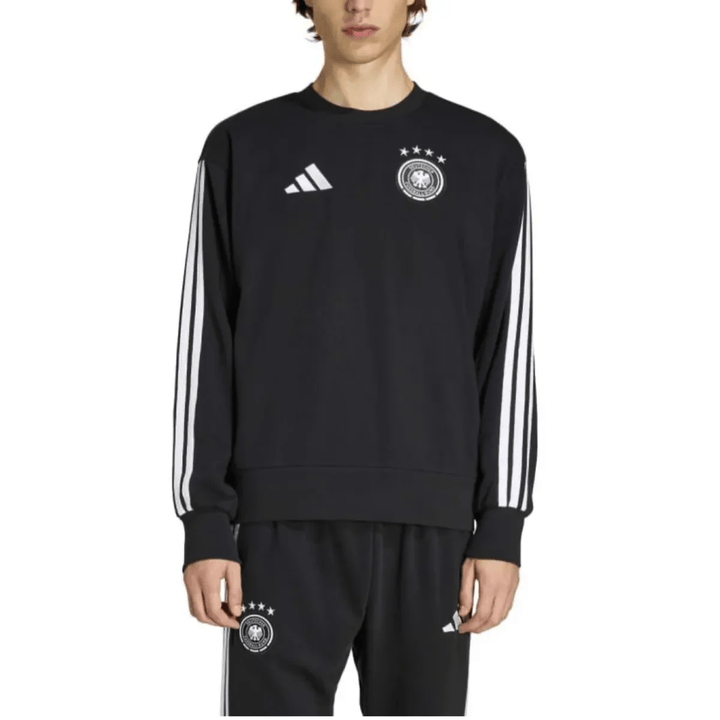 Germany Casual 3S black soccer tracksuit set by Adidas with white stripes and team logo on the jacket