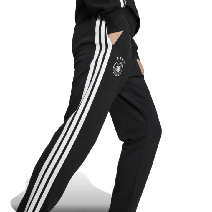Germany Casual 3S black soccer tracksuit set by Adidas with three white stripes on pants