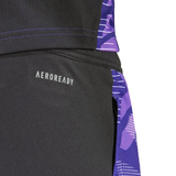 Close-up of Adidas Germany training suit 2024 black pants with purple side panels and Aeroready fabric
