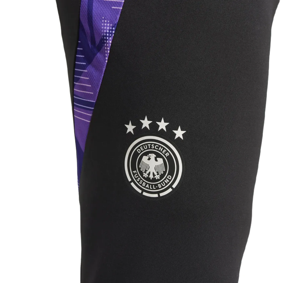 Close-up of Adidas Germany training suit 2024 black pants with Deutscher Fussball-Bund logo and purple design