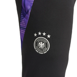Close-up of Adidas Germany training suit 2024 black pants with Deutscher Fussball-Bund logo and purple design