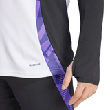 Close-up of Adidas Germany training suit 2024 showing black pants and white top with purple design side panel
