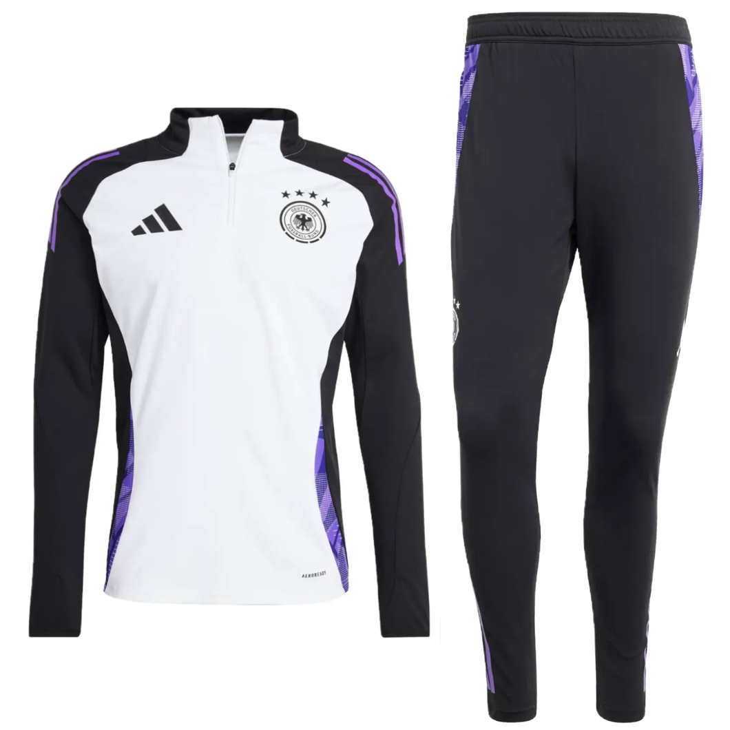 Adidas Germany training suit 2024 with white and black top and black pants with purple accents