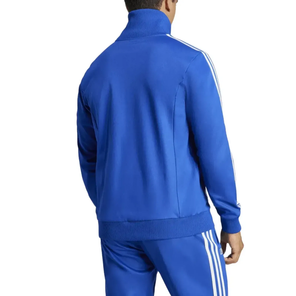 Back view of blue sports jacket and pants featuring three white stripes Italy Adidas Originals tracksuit for soccer