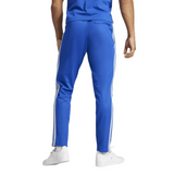 Back view of blue slim fit Italy Adidas Originals tracksuit pants with white three stripes and zip ankles