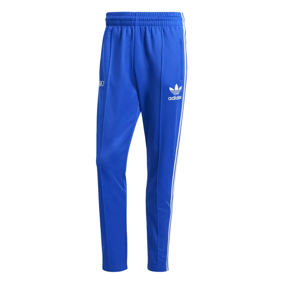 Italy Adidas Originals tracksuit blue tapered track pants with white side stripes and elastic waist