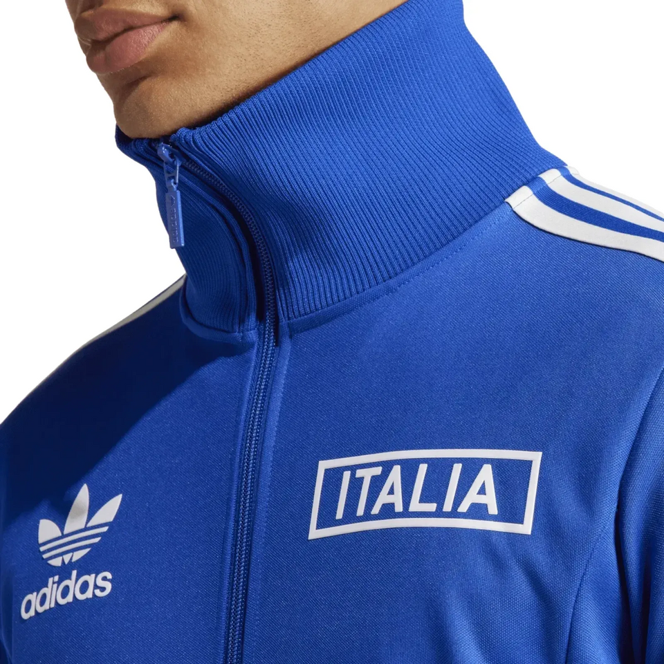 Close up of blue Italia zip jacket with trefoil logo collar and three white shoulder stripes Italy Adidas Originals tracksuit