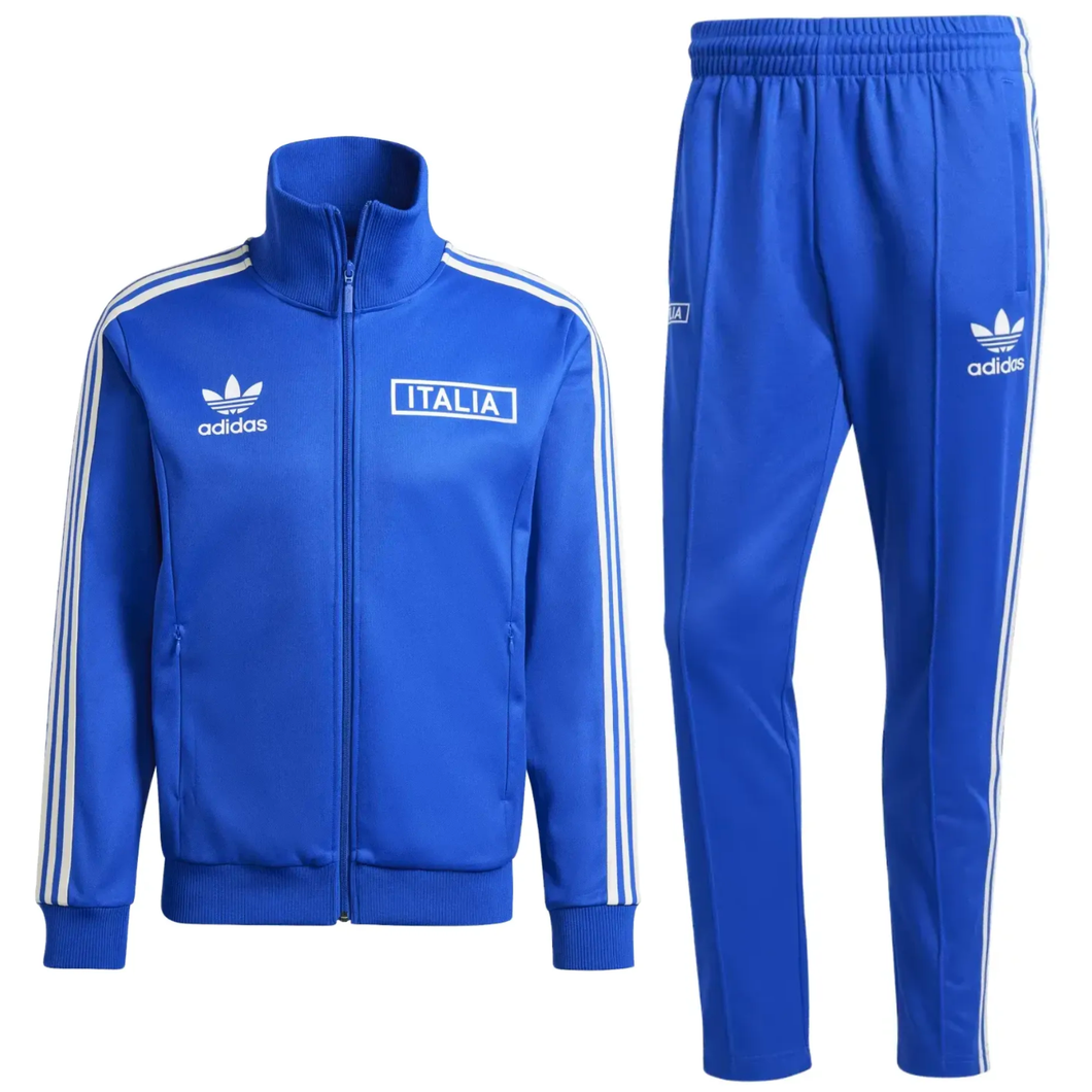 Blue Italy Adidas Originals tracksuit with zip jacket and tapered pants featuring white three stripes and Italia logo