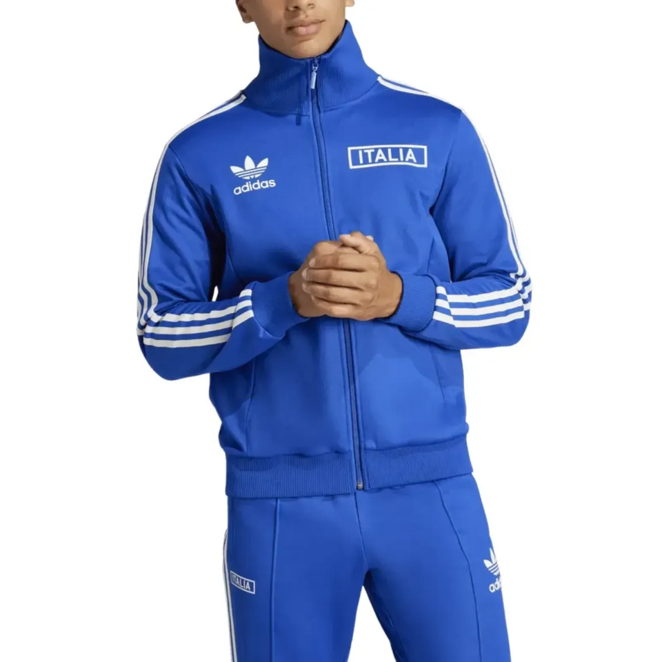 Italy Adidas Originals tracksuit blue mens soccer tracksuit with full zip jacket and three white stripes