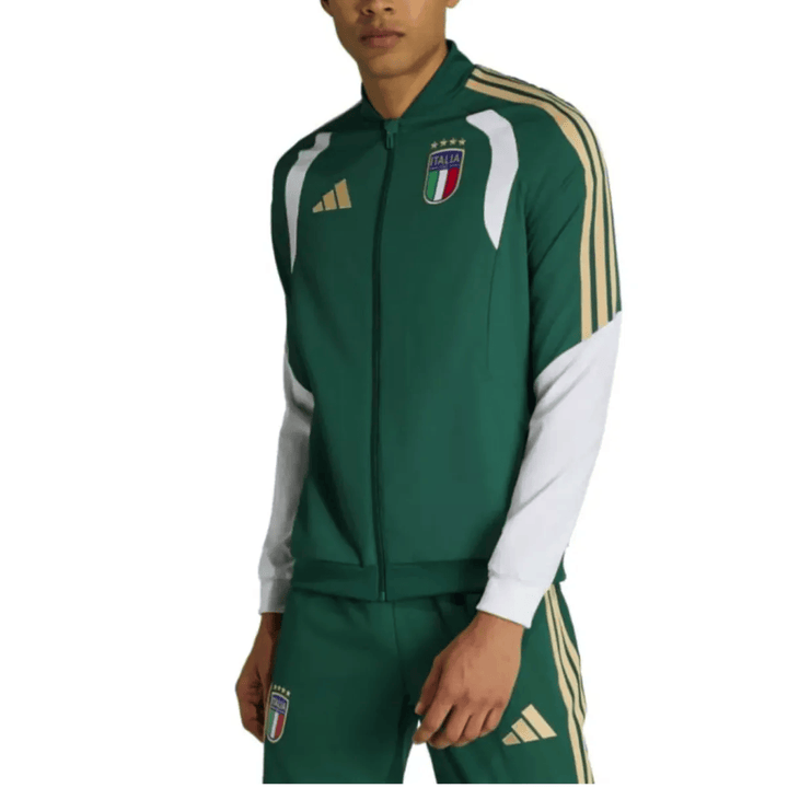 Italy green Adidas soccer tracksuit set with gold stripes and official logo for training and presentation purposes