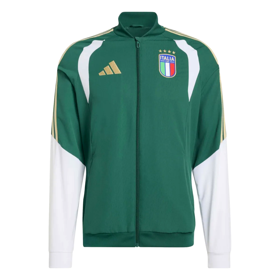 Adidas Italy green presentation tracksuit 2026 featuring a zip-up jacket with Italy emblem