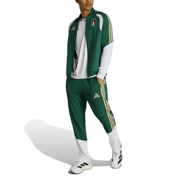 Italy green training presentation soccer tracksuit 2026/27 by Adidas with gold accents and official logo