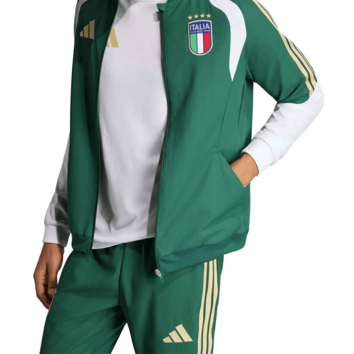 Italy green training presentation soccer tracksuit 2026/27 by Adidas with official Italia logo and gold accents