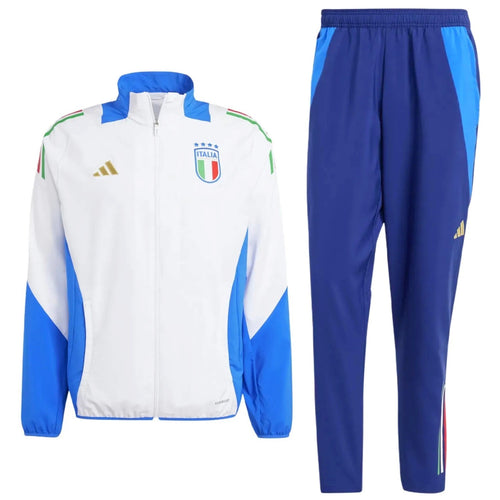 Italy national team presentation tracksuit white jacket with blue panels and Italy crest and navy pants with blue stripes