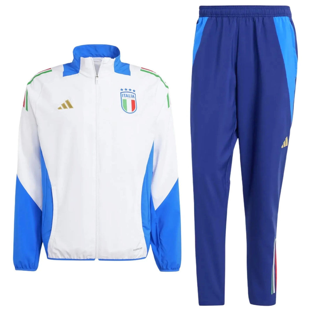 Italy national team presentation tracksuit white jacket with blue panels and Italy crest and navy pants with blue stripes