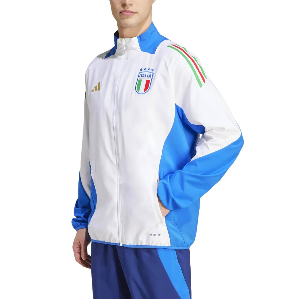 Italy national team presentation tracksuit, white and blue jacket with crest and tricolor shoulder stripes