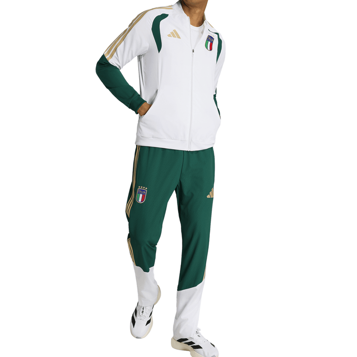 Italy training presentation soccer tracksuit 2026/27 by Adidas in green and white with gold accents