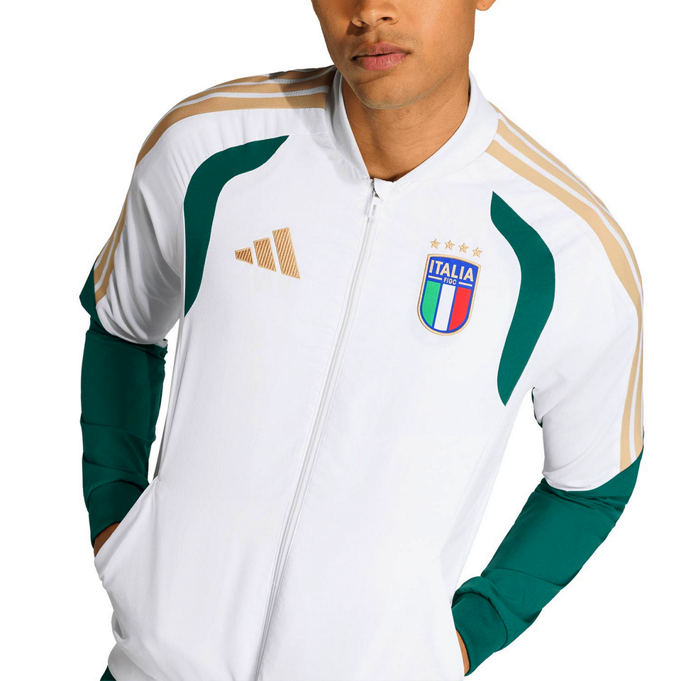 Adidas Italy presentation tracksuit 2026 27 with white jacket and green accents, featuring Italy logo