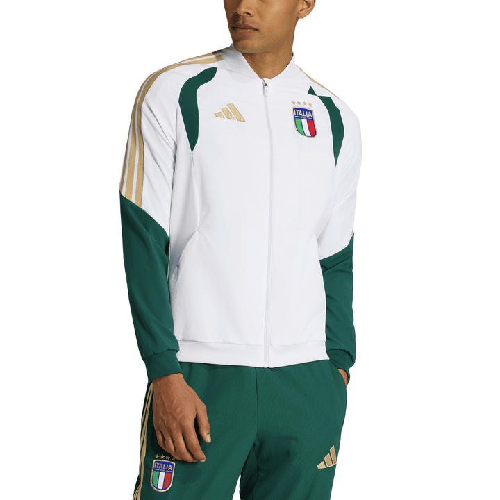Italy training presentation soccer tracksuit 2026/27 by Adidas in white and green with gold accents