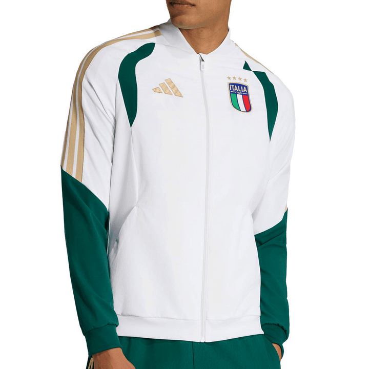 Italy training presentation soccer tracksuit by Adidas in white and green with gold accents and logo