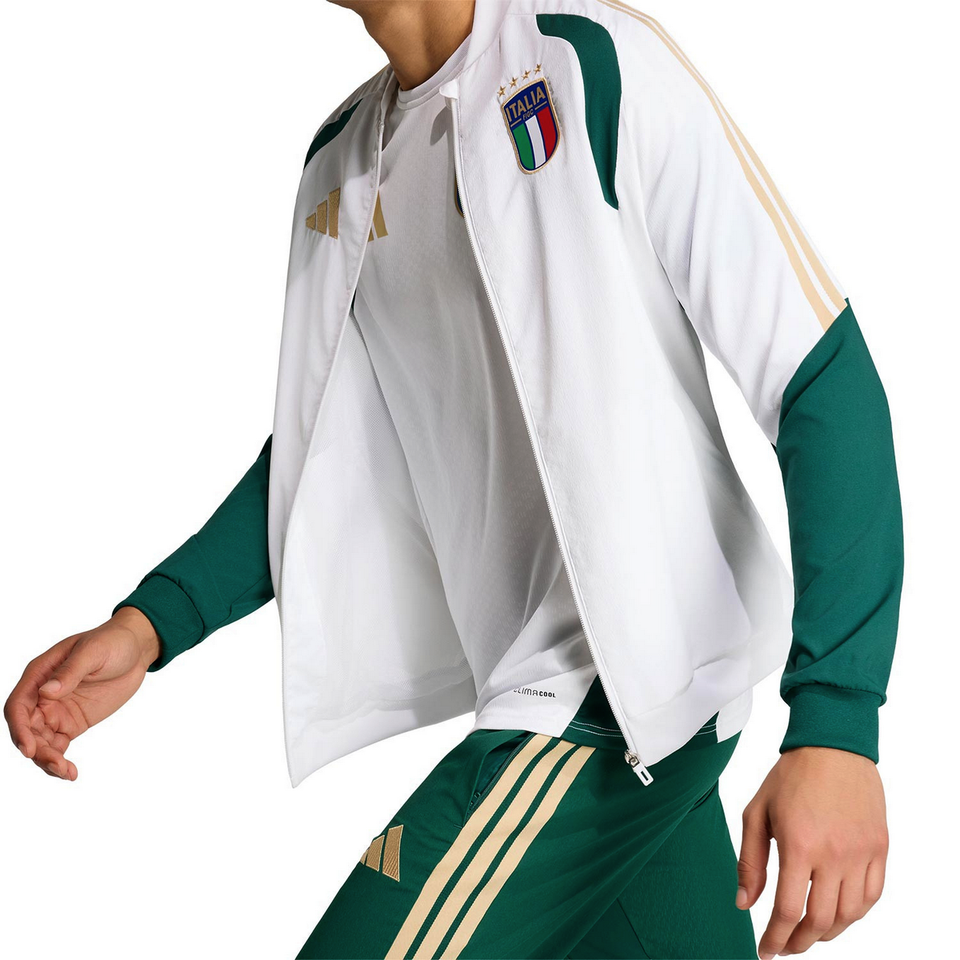 Adidas Italy presentation tracksuit 2026 27 in white and green with iconic Italy emblem and gold accents