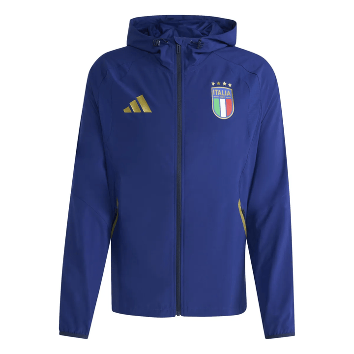 Italy Casual Travel hooded presentation soccer tracksuit in blue with official Adidas branding and Italy emblem