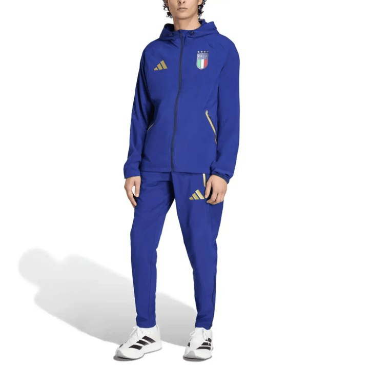 Italy Casual Travel hooded presentation soccer tracksuit set in blue with Adidas branding and Italy emblem
