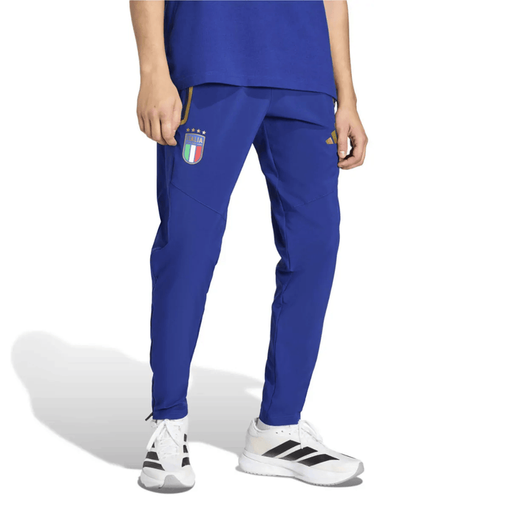 Italy Casual Travel hooded presentation soccer tracksuit in blue with Adidas branding and Italy emblem