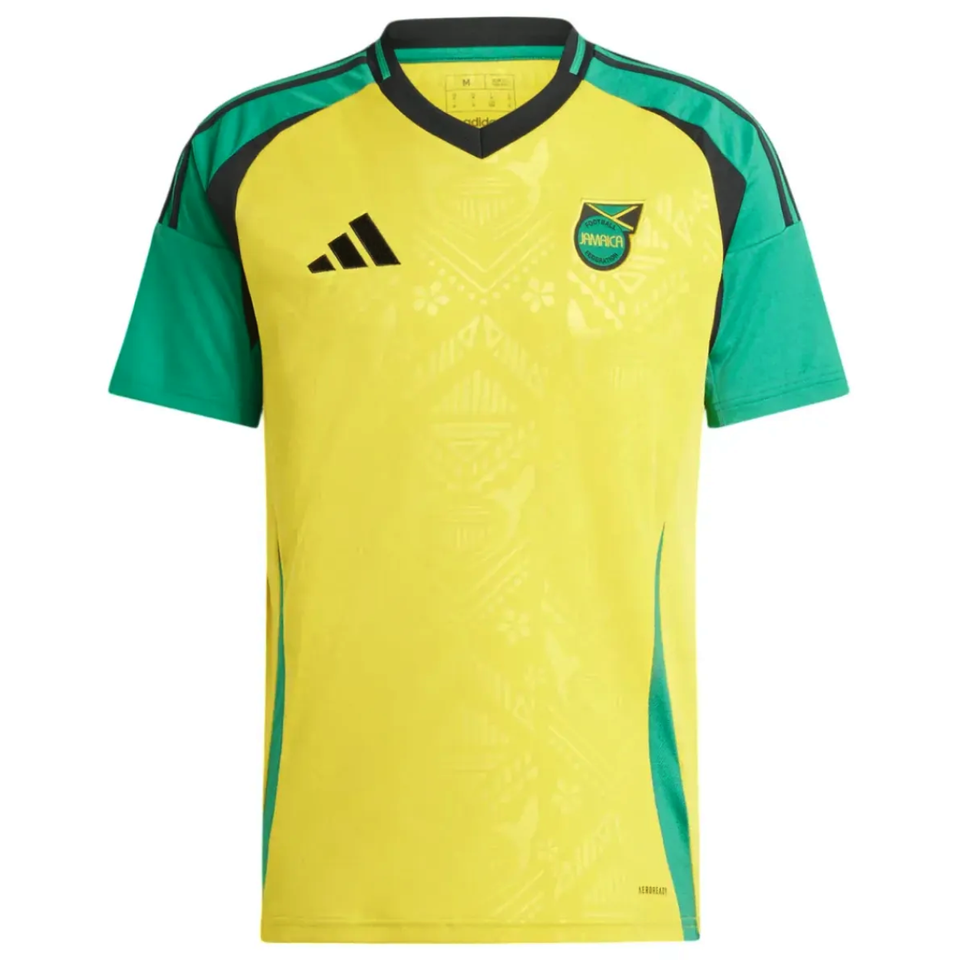 Jamaica 2024 Adidas soccer jersey in yellow and green with sleek design and Adidas logo