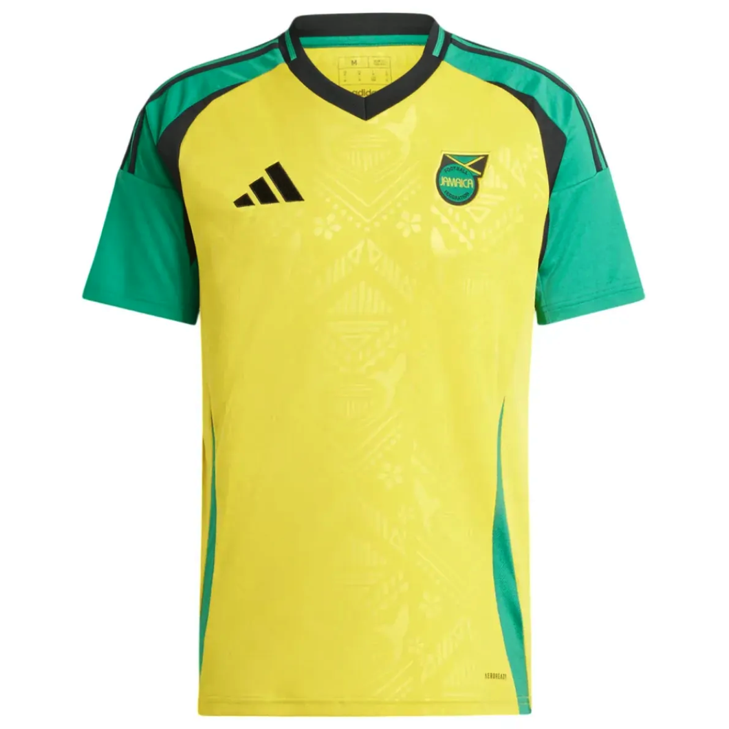 Jamaica 2024 Adidas soccer jersey in yellow and green with sleek design and Adidas logo
