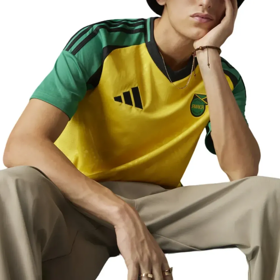 Jamaica 2024 Adidas soccer jersey in yellow and green, designed for sporty style and comfort