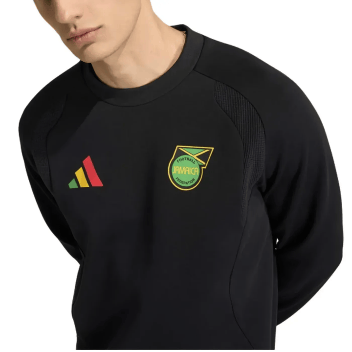 Black Adidas sweatshirt with Jamaica football logo and colored stripes on the shoulder