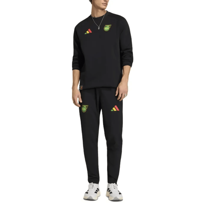 Black cotton sweatshirt and pants set with logo details and three stripe design by Adidas