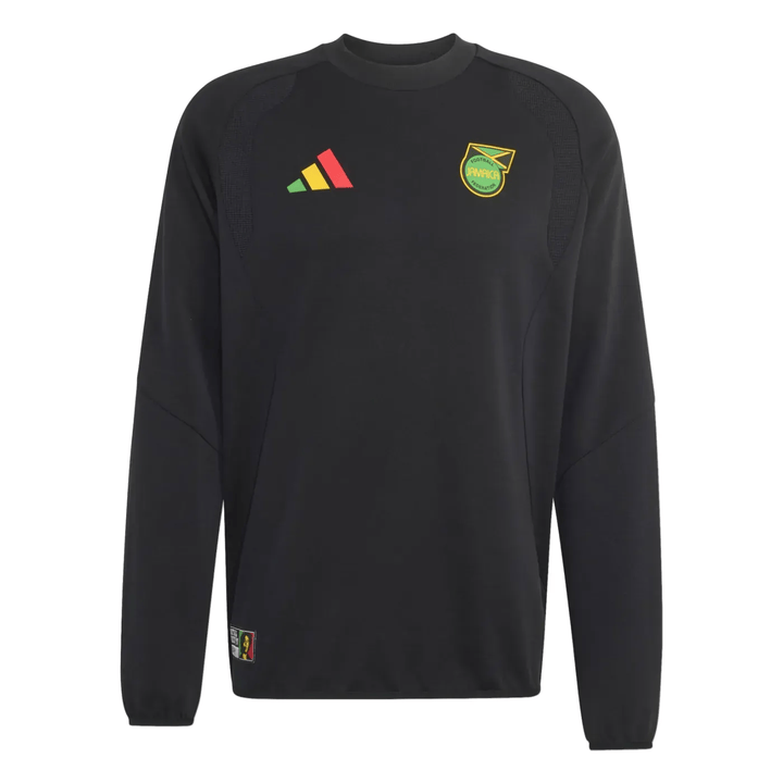 Black Adidas sweatshirt with Jamaican flag emblem and colorful logo detail