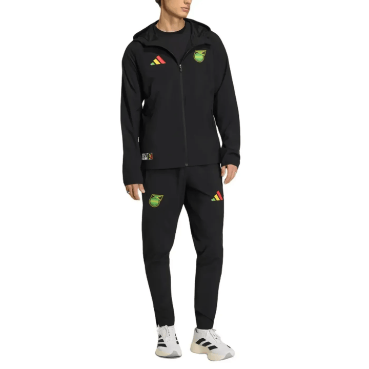 Black Adidas tracksuit with hood and Jamaican flag details in regular fit