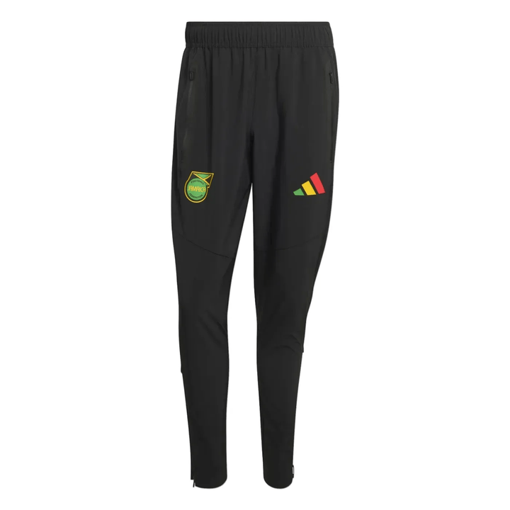 Black Adidas track pants with Jamaican national emblem and colored logo detail