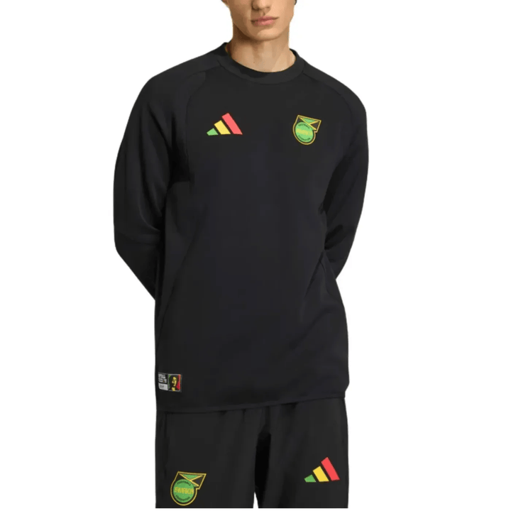 Black Adidas long sleeve jersey with Jamaican national team logo and colored accents