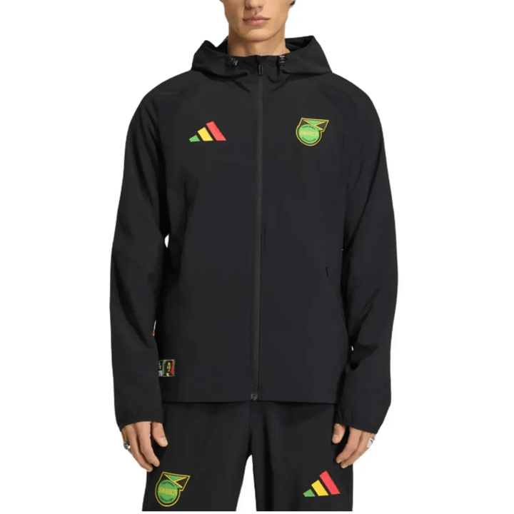 Black windbreaker jacket with hood featuring Jamaica logo and three stripes design