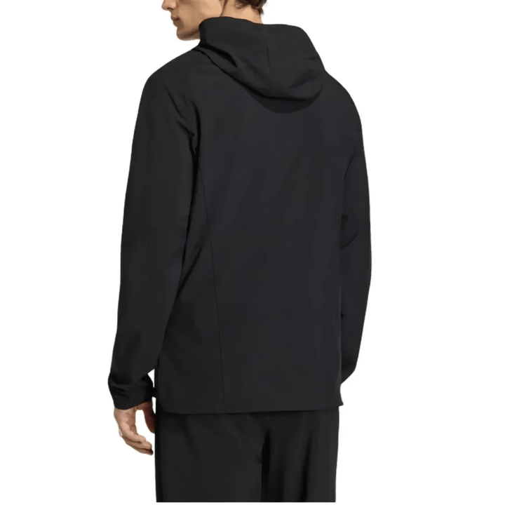 Men's black hooded jacket in lightweight fabric with a relaxed fit
