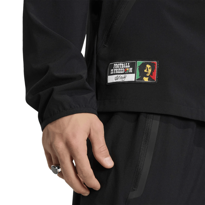 Black athletic jacket with logo patch and zippered pockets for men