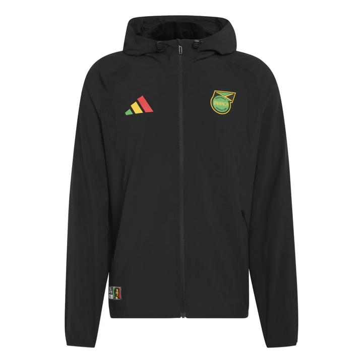 Black Adidas jacket with hood featuring Jamaican flag colors and logo on chest