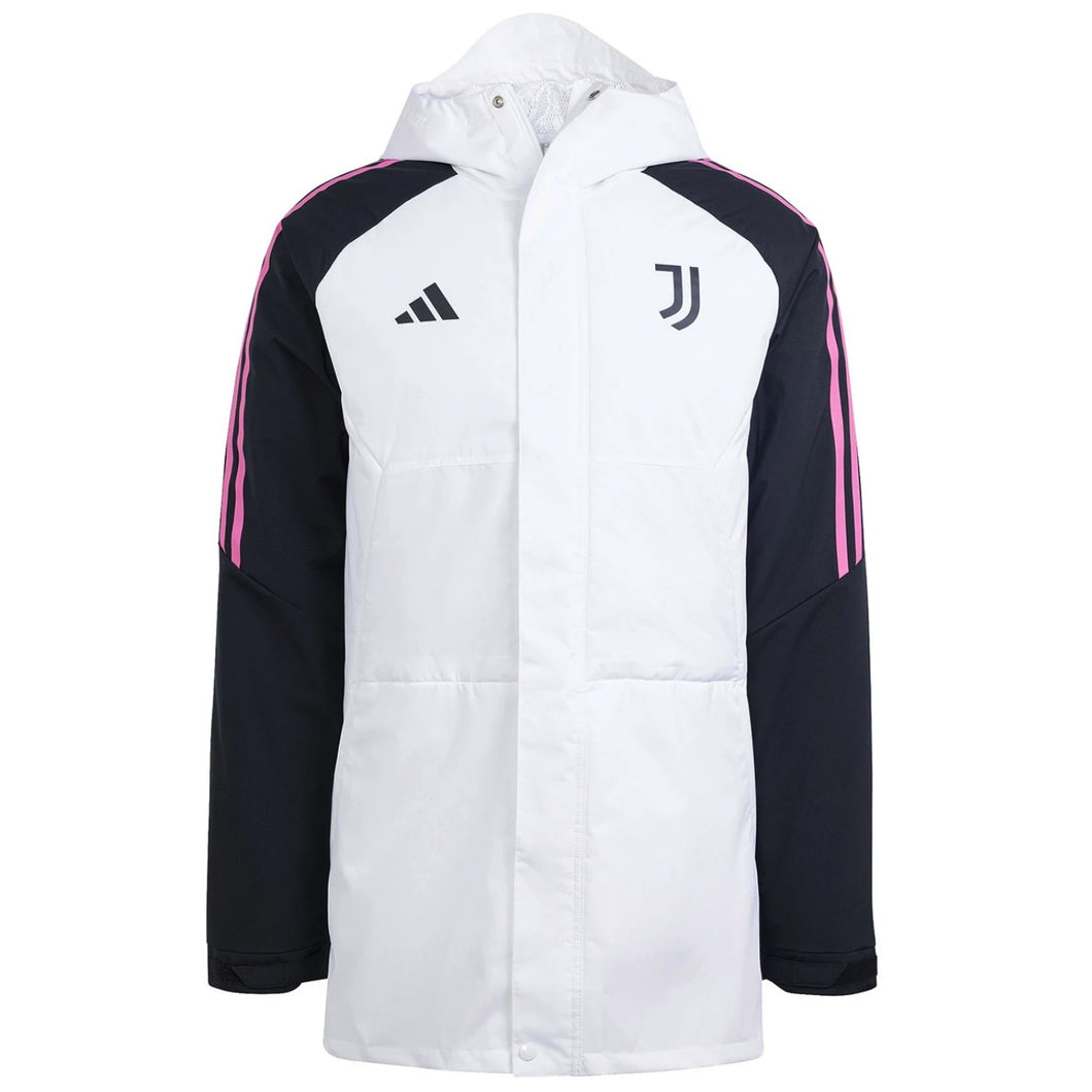 Juventus white Adidas parka jacket featuring pink stripes and logo for stylish outerwear