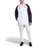 Juventus white Adidas parka jacket with black sleeves and logo for sports fans and athletes