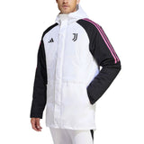Juventus white Adidas parka jacket featuring bold team logos and vibrant pink accents for a stylish look