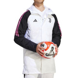 Juventus white Adidas parka jacket with black sleeves and pink stripes, perfect for soccer fans
