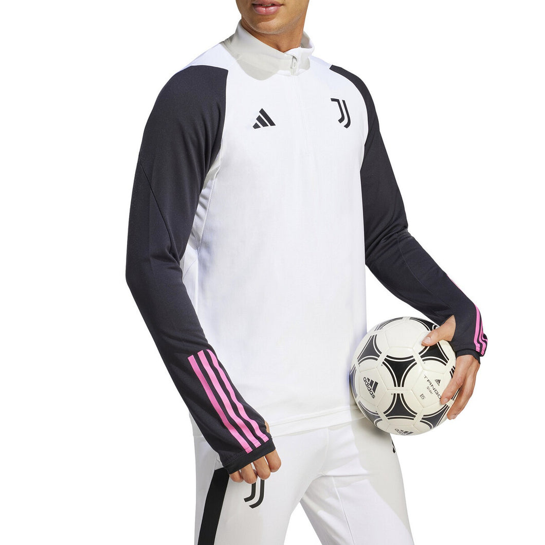 Adidas Juventus white sweat top with black sleeves and pink stripes worn by soccer player holding ball
