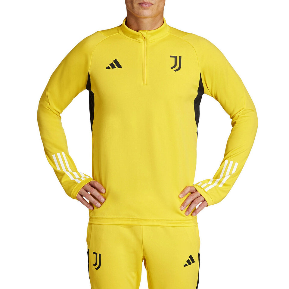 Juventus yellow training tracksuit 2024 with black accents and Adidas logo on top and pants