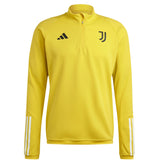 Juventus yellow training tracksuit 2024 top with black logos and quarter zip on SoccerTracksuits.com