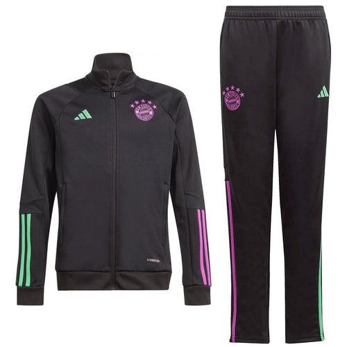 Kids Bayern Munich tracksuit in black with green and pink stripes featuring team logo and Adidas branding