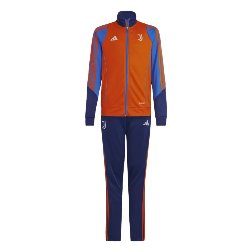 Kids Juventus tracksuit 2024 in orange and navy blue with full zip jacket and matching pants